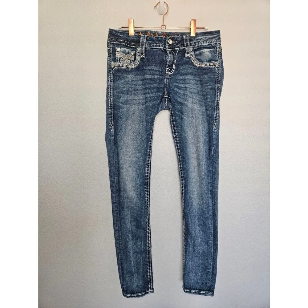Rock Revival Embroidered Flap Back Pockets Y2K Jen Skinny Denim Jeans Women 27